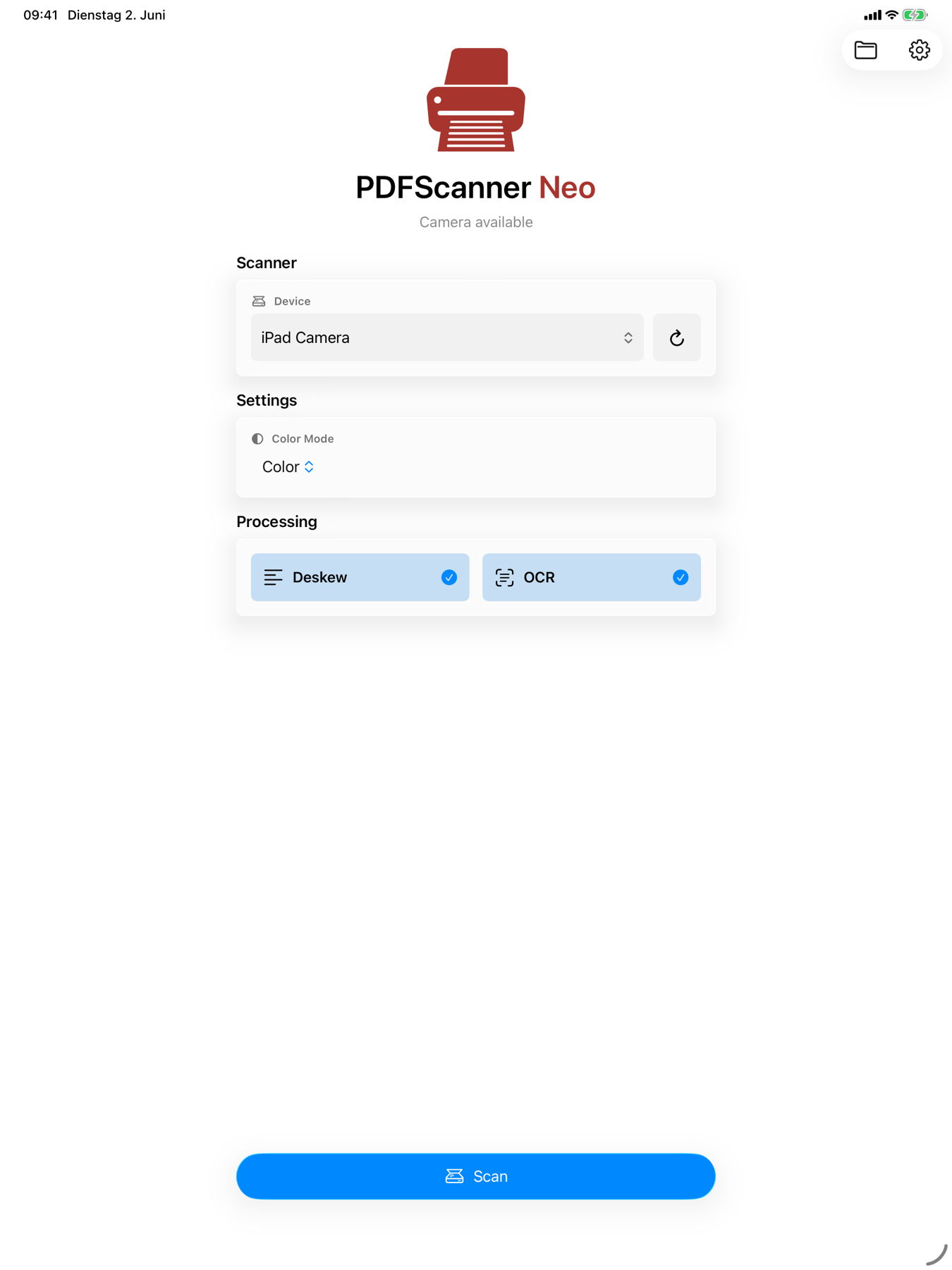PDFScanner Neo on iPad with scanned pages in the workspace