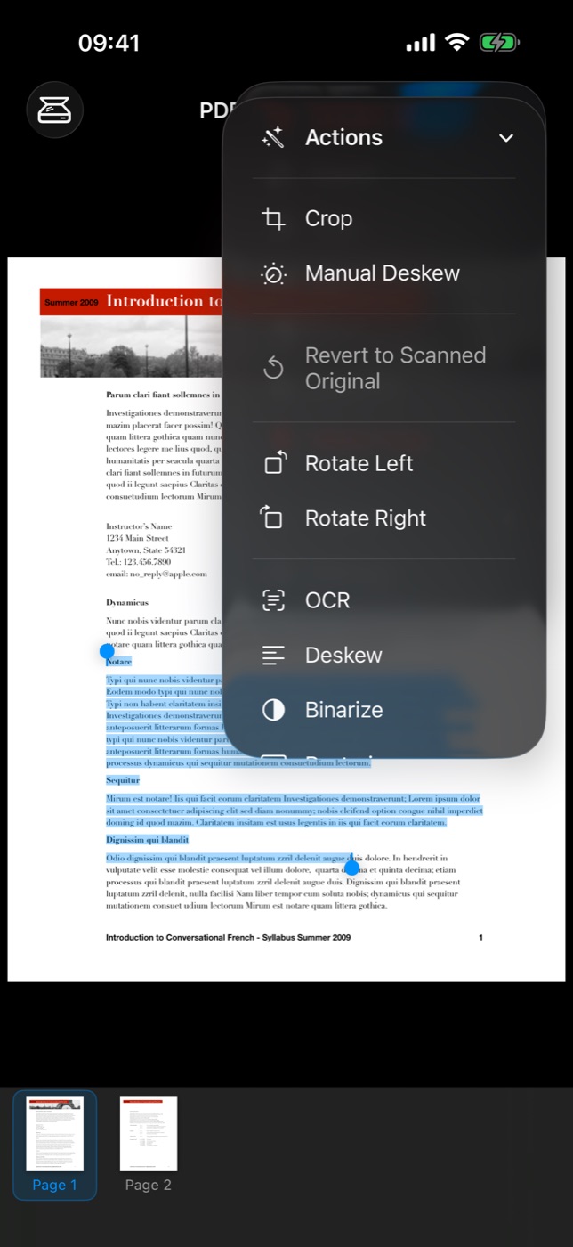 Selecting recognized text in a scanned PDF on iPhone